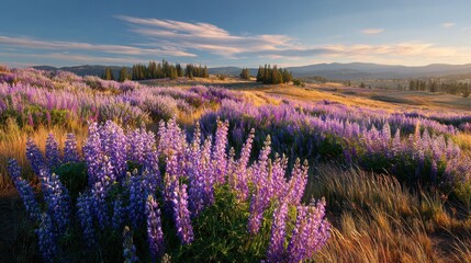 Fototapeta premium Serene wildflower landscape: a sea of purple lupines