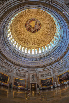 WASHINGTON DC, USA - SEPTEMBER 4, 2018: Interior of the Washington Capitol hill dome. Rotunda with tourists.
