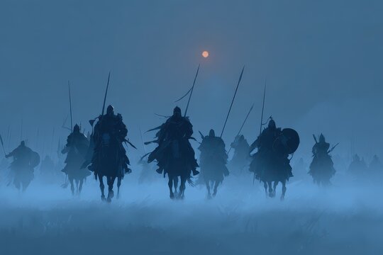 Silhouette armored warriors engage in a moonlit, fog-shrouded melee