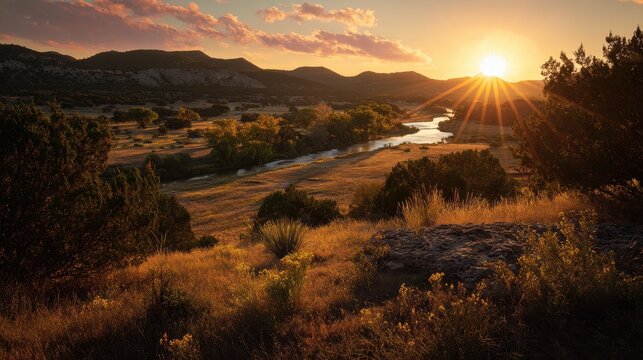 Silhouetted cedar and mesquite against a pink-orange sky above Garner State Park valley