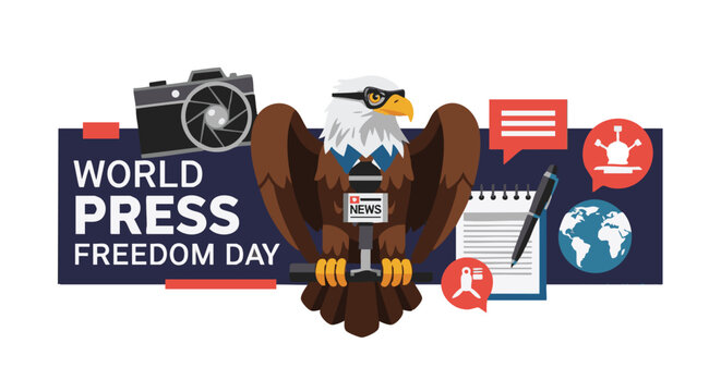 World Press Freedom Day illustration with eagle and journalism icons in flat colorful style for social media