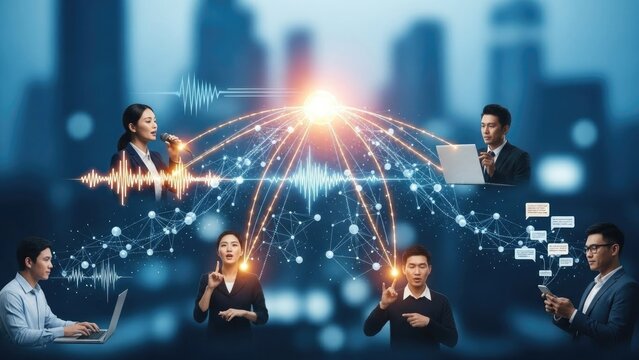 Businesspeople connected by networking, speech, and text over a blurred cityscape