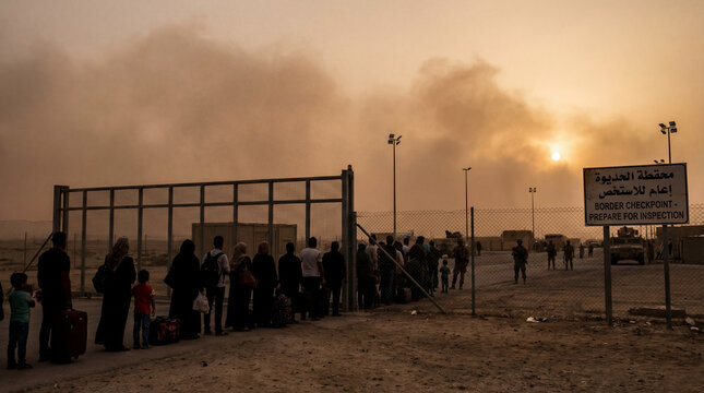 A long line of people, including families with children, wait at a dusty border crossing or checkpoint in a desert landscape at sunset, with smoke in the sky and military vehicles in the distance.