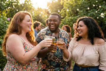 Fototapeta premium Group of friends enjoying drinks and laughing in outdoor garden 