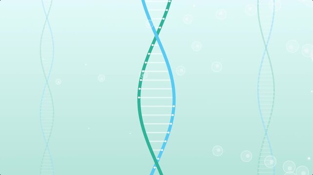 Seamless Looping 2D Flat Vector DNA Helix and Floating Cells Medical Explainer Background in Pastel Teal