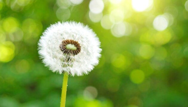 Close-up shot of a fluffy dandelion clock against a soft, blurred backdrop of vibrant green foliage bathed in sunlight