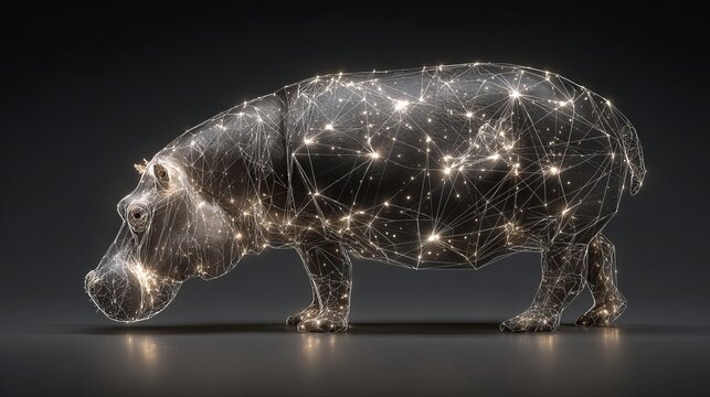 A stunning sculpture of a hippopotamus made of sparkling starry lights on a dark background