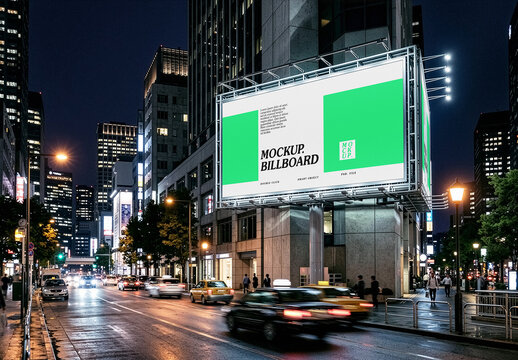 Night Street Billboard Mockup, Outdoor Display Template