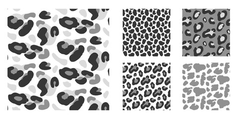 Animal seamless pattern collection with rosette and spot in monochrome for fabric. Abstract animalistic, leopard and cheetah on dark backdrop. Hand drawn vector set with seamless organic blobs. © Syuzann q