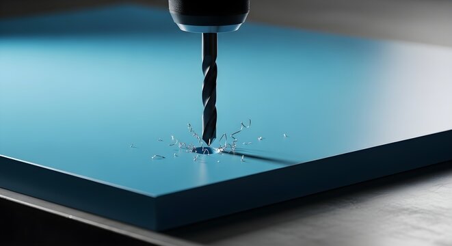 Close-Up Of Drill Bit Penetrating Blue Surface