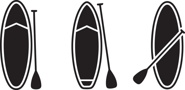 Set Of Three Outline Paddleboards With Paddles