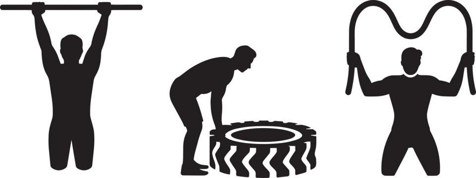 Silhouette Set Of Three Figures Performing Fitness Exercises Like Pull-ups, Tire Flips, And Jump Rope