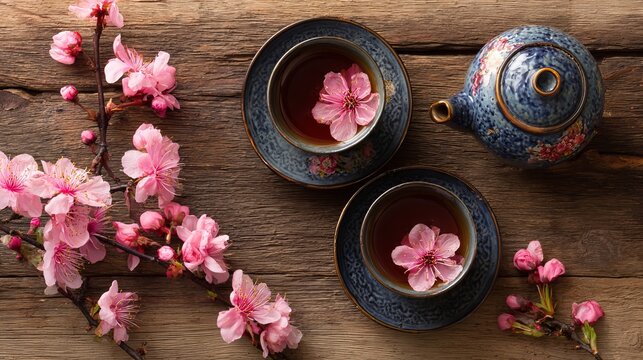 A serene tea setting with cherry blossoms on a wooden table