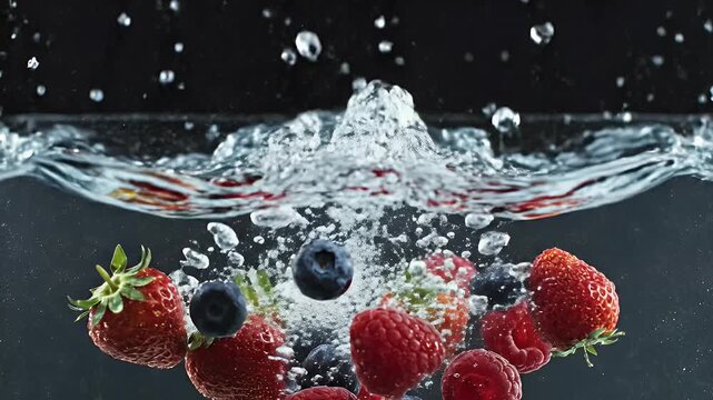 Berries splash in water, creating dynamic frozen motion of droplets