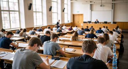 Obraz premium Large group of students taking an exam in a university lecture hall. Pupils writing a test at long wooden desks. Academic evaluation and higher education concept