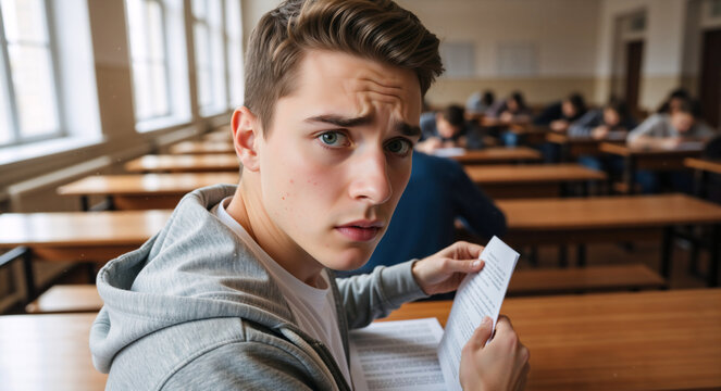 Worried male student looking back during an exam. Anxious teenager holding a difficult test in a classroom. Academic stress and confusion concept