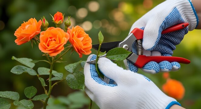 Gardener pruning orange roses in gloves with pruning shears outdoors  