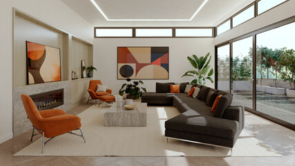 Naklejka premium 3D render, illustration Luxury modern living room interior, realistic lighting, wide angle, contemporary furniture, clean lines, minimalist decor, elegant home design, large window
