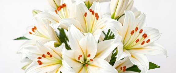Fototapeta premium Elegant white lilies arranged in a classic bouquet, aesthetic, bouquet