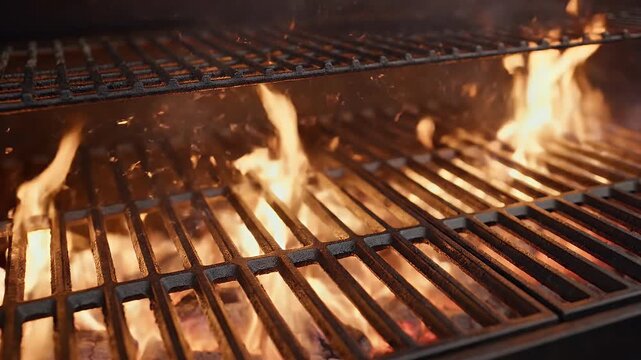 Close-up of hot grill grates with flames and glowing embers beneath