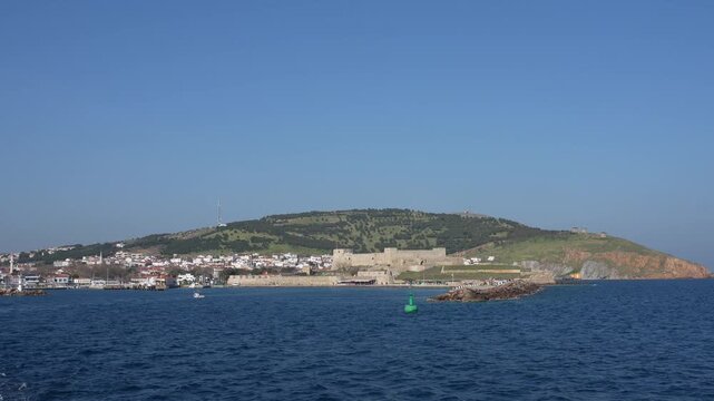 Panoramic View of Bozcaada Island Harbor and Historical Fortress - Coastal Town Landscape of Tenedos on Aegean Sea - Canakkale, Turkey. High quality 4k footage