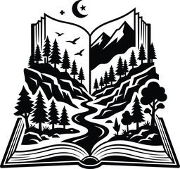 Obraz premium Open book landscape with religious symbols, featuring high resolution, detailed textures, and professional composition.