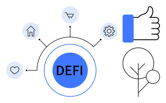 Decentralized finance concept. Decentralized finance with icons for home, shopping, sustainability, and digital approval. Decentralized finance revolutionizes traditional banking. Perfect