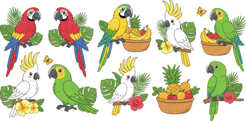 Vector set of colorful cartoon parrots and tropical birds featuring macaws and cockatiels with fruit baskets for nature and pet design. © Md. Mozammel Hoq