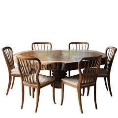 Fototapeta premium Antique Round Wooden Dining Table Set with 6 Chairs – Vintage Carved Pedestal Table