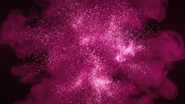 Abstract Pink Smoke Explosion with Glittering Particles on Black Background.