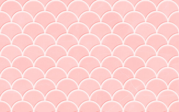 Seamless pattern. Light pink scallop tile wall and floor texture. Fish scale pattern. Tileable background. 