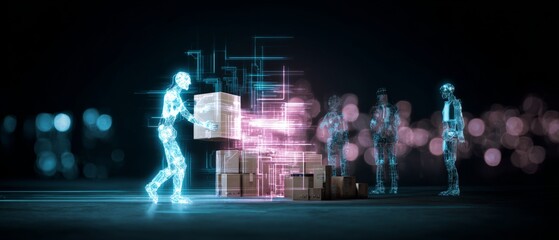 Fototapeta premium Analyzing the shift: how robotics are transforming employment landscapes. Data intelligence. Ai encroaches on human jobs: a robot in a warehouse seamlessly works. Digital innovation.