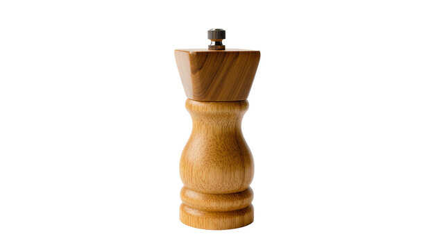 Elegant wooden pepper grinder with silver knob showcasing natural grain texture, isolated on transparent background for culinary branding