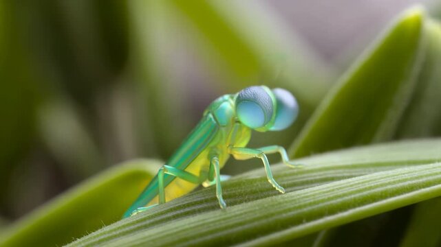 Highresolution Macro Shot Showing Colorful Insect With Delicate Antennae Inspecting Dew In Soft Background