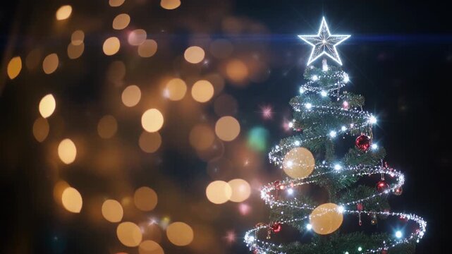 A sparkling Christmas tree adorned with bright white lights and a glowing star on top creates a magical holiday atmosphere, perfect for festive seasonal celebrations and winter promotions.