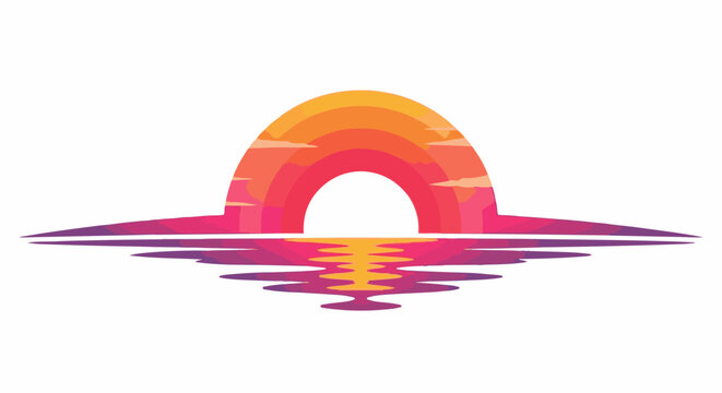 Stylized sunset with colorful sky and water reflection on white background