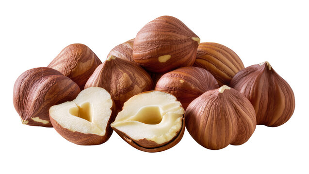 Pile of raw brown hazelnuts some cracked open revealing creamy kernels, isolated on transparent background for healthy food designs
