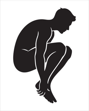 Black Silhouette of Person Mid Crouch Starting Jump Athletic Pose Isolated on White