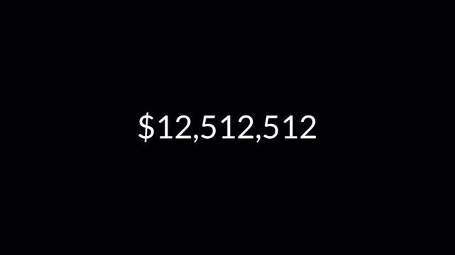 dollar counter animation from 0 to 20,000,000 on a black background. dollar calculating from zero to twenty million showing financial growth.