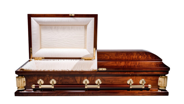 Luxurious dark wood casket with ornate gold handles and interior lining, isolated on transparent background for funeral services and memorial displays