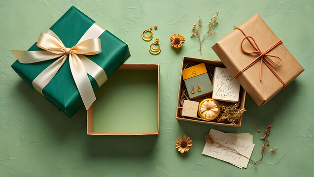 Festive gift boxes on wooden table.