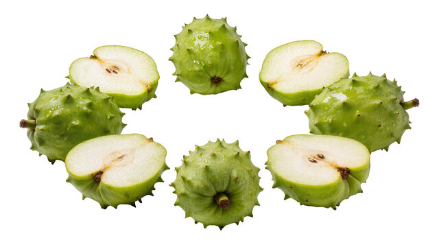 Several spiky green mammee apples some halved to reveal the creamy pulp, isolated on transparent background for tropical fruit designs