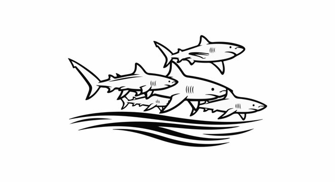 Stylized line drawing of a school of sharks swimming