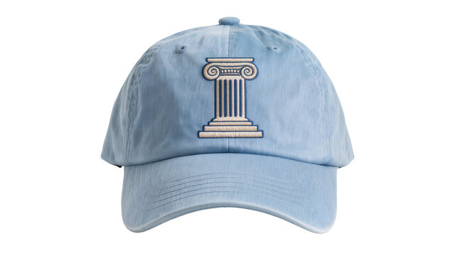 Light blue denim baseball cap with embroidered Greek column design, isolated on transparent background for apparel mockups and branding designs