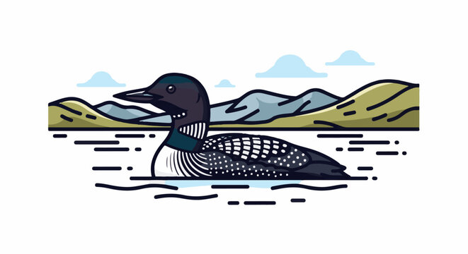 Stylized loon swims on calm water, with rolling hills and clouds