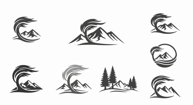 Stylized mountain and tree logos in various artistic renderings