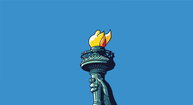 Stylized illustration of a torch held by a hand against a blue sky