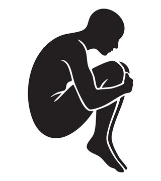 Black silhouette of a person curled up in a fetal position on a white background human