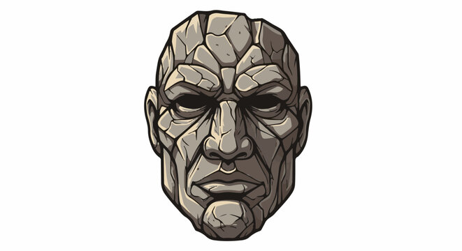 Stylized stone face with deep-set eyes and cracked texture