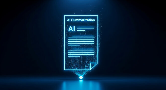 Illuminated hologram depicting ai summarization of documents with futuristic lighting